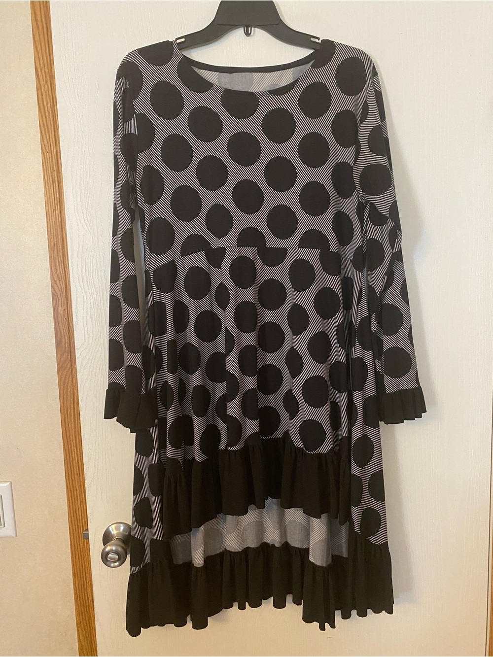 Black Polka Dot Ruffled Hem Hi-Low Tunic Dress size Large custom handmade